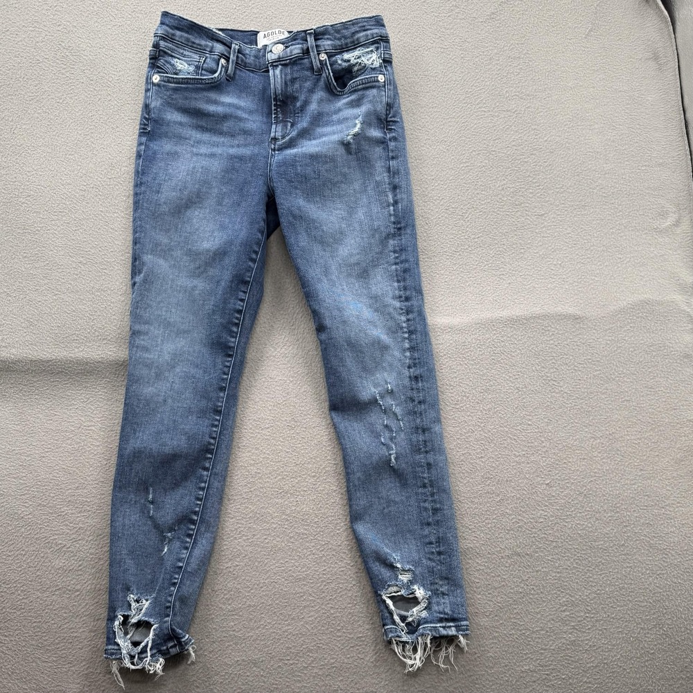 AGOLDE Jeans Womens 28 Blue Med Wash Distressed Skinny Raw Hem Stretch A018-843
